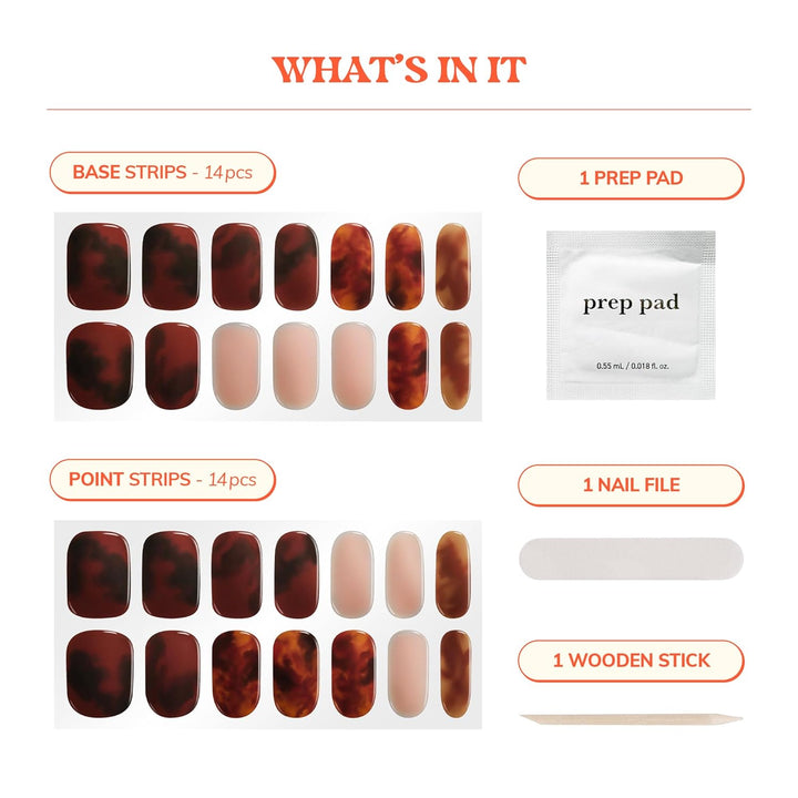 Semi Cured Gel Nail Strips | No LED Lamp Needed | Fall, Marble, Brown | Easy Apply & Remove, Salon Quality | Includes 28 Strips, 1 Prep Pads, Nail File & Wooden Stick - Hey, Let’S Get Cozy
