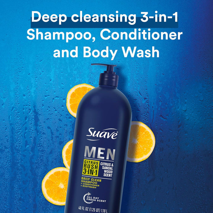 Shampoo Conditioner Bodywash Men 3 in 1 Citrus & Sandal Wood to Cleanse and Nourish Hair and Skin, 40 Oz Pack of 3