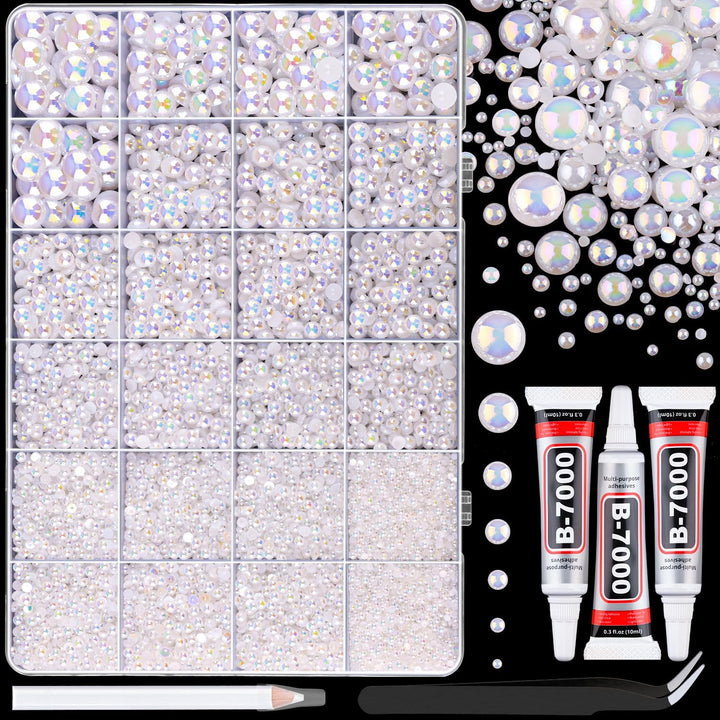 16500Pcs Flatback Pearls for Crafting (White), Assorted Size 2/3/4/5/6/8/10Mm Half Pearl with 3Pcs 10Ml B7000 Jewelry Glue, Bedazzling Kit for DIY Crafts Clothing Tumbler Shoes Embellishment Nail Art