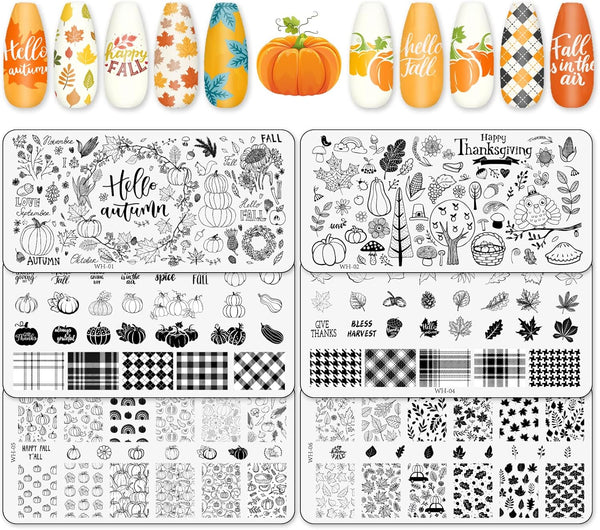 6Pcs Fall Thanksgiving Theme Nail Art Stamping Plate Kit Various Pattern Pumpkin Maple Autumn Blessing Collection Checkered Nail Art Plate for Thanksgiving Day DIY Design Print Manicure Salon