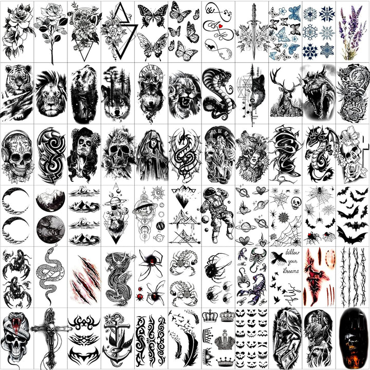 82 Sheets Temporary Tattoo for Men Women Adults, Include 12 Sheets Black 3D Half Sleeve Temporary Tattoos, Halloween Tattoos Scary Lion Wolf Tiger Skull Skeleton Tattoos Stickers