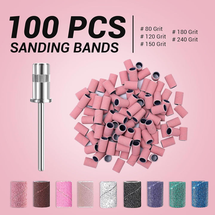 100 Pcs Nail Drill Bits Sanding Bands for Nail Drill 180 Fine Grit Nail File Sanding Bands for Acrylic Nails Gel Manicures and Pedicure