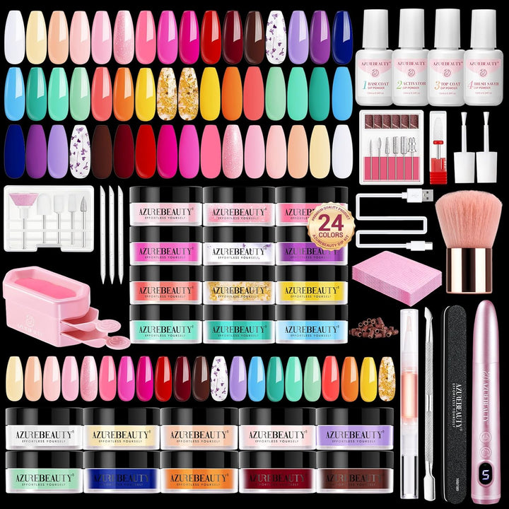 Dip Powder Nail Kit with Electric Nail Drill, 24 Colors Nude Pink Glitter Nail Powder Starter Kit with Dip Liquids Base Top Coat Activator Portable Manicure French Nail Art Essential Set