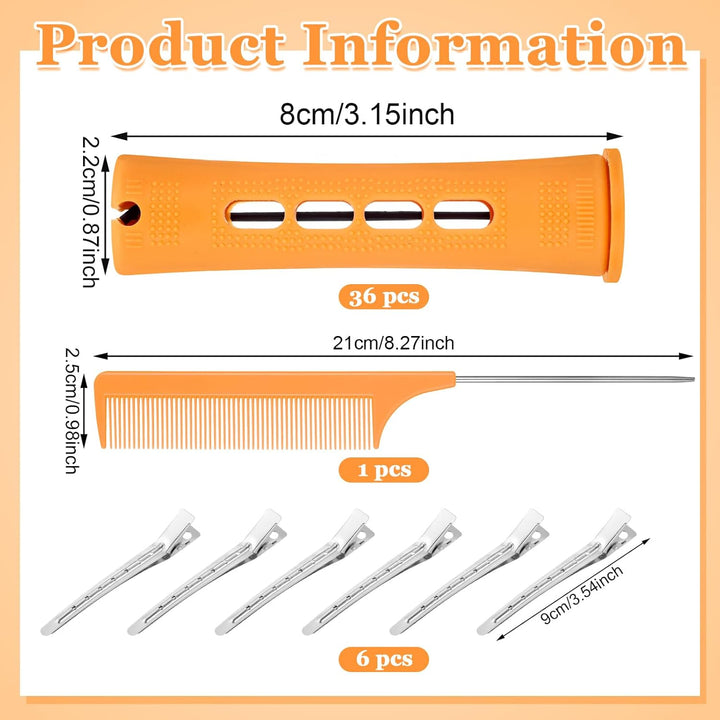 43 Pcs Hair Perm Rods Set, Large Plastic Cold Wave Rods Orange Curling Rods with Rat Tail Combs Hair Clips for Long Short Hair