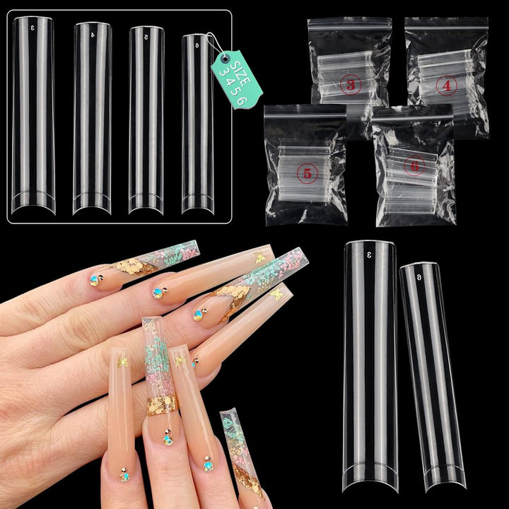 504 PCS No C Curve Clear Nail Tips for Acrylic Nails Professional, 3XL Extra Long, 12 Sizes Half Cover Straight Tapered Square French Fake Nail Tips for Nail Salons Home DIY