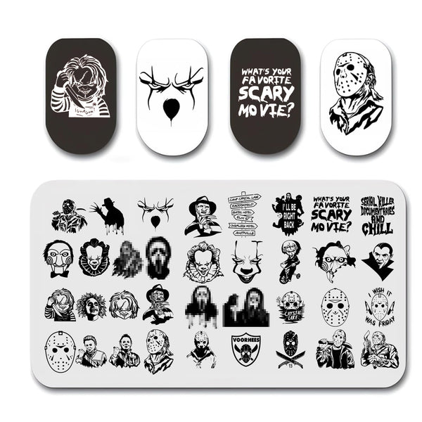 Halloween Nail Stamping Plates Horror Movie Characters Nail Art Stamp Plates Halloween Scary Face Nail Art Stamping Template Holiday Nail Manicure Decorations Supplies 1Pcs