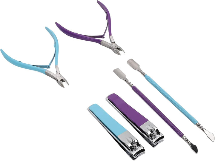 Professional Stainless Steel Cuticle Trimmer Nippers Set with Cuticle Pusher, Nail Care Tool Ideal for Home and Salon Use, Blue Purple