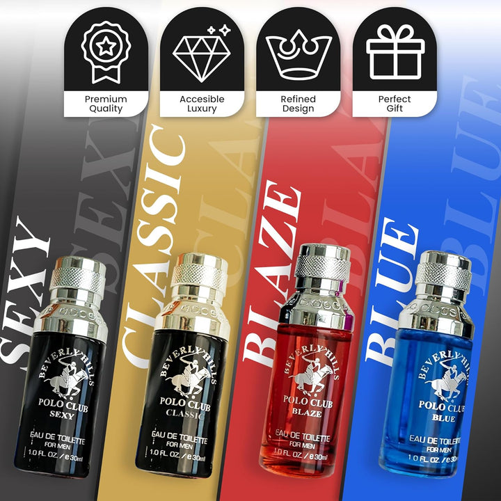 Exclusive Fragrance Collection for Men with 4 Different Fragrances, Blaze, Blue, Classic, and Sexy, 1Fl Oz Each (Pakaging May Vary)