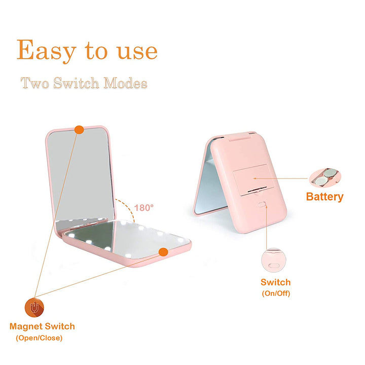 Pocket Mirror, 1X/3X Magnification LED Compact Travel Makeup Mirror with Light for Purse, 2-Sided, Portable, Folding, Handheld, Small Lighted Mirror for Gift, Pink