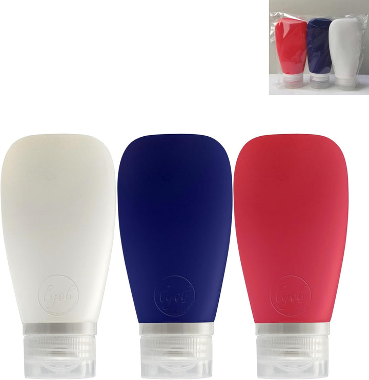 Travel Bottles for Toiletries, TSA Approved 3Oz (90Ml) Leak Proof Silicone Refillable Squeeze Travel Size Containers BPA Free for Cleansers, Lotions, Shampoo 3-Pk (Black-Gray-White)