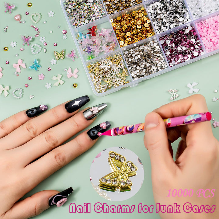 10000Pcs Nail Charms and Gems:Pink Cute Bow Heart 3D Flower Charms for Junk Cases Kit;Gold Chunky Butterfly Charms for Nails Design,Nail Jewels Diamond Rhinestones for Nails;Beads Pearls for Nails Art