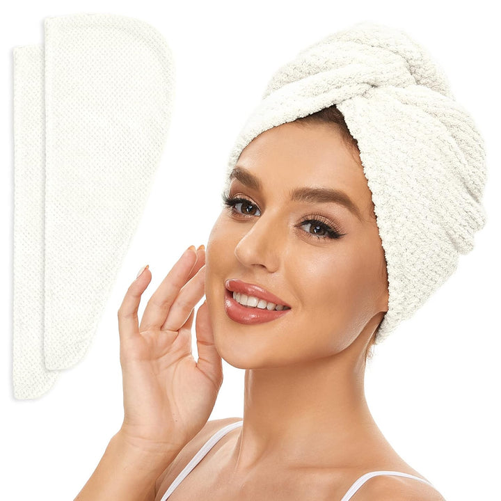 2 Pack Microfiber Hair Towel Wrap for Women, anti Frizz Quick Drying Hair Turban for All Hair Style, Absorbent and Lightweight (Beige)