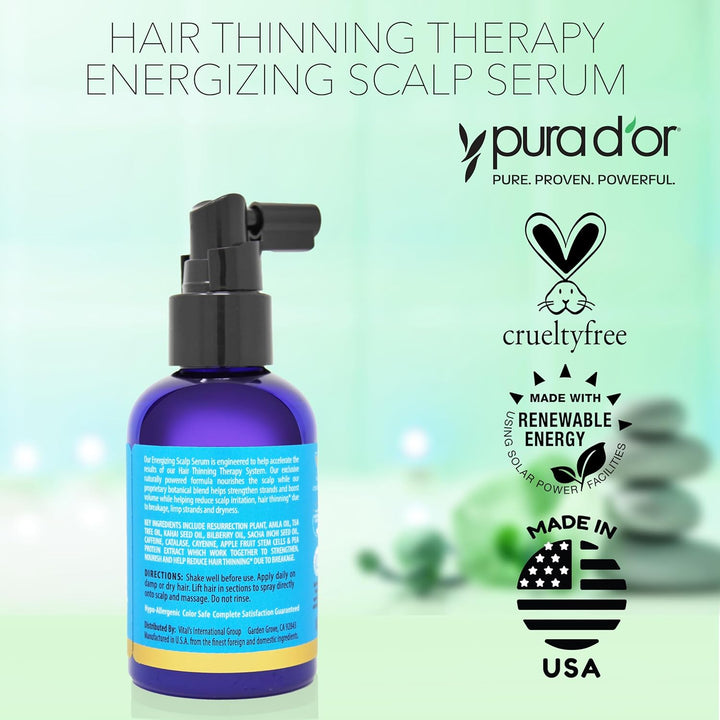 Hair Thinning Therapy Energizing Scalp Serum 4Oz W/Copper Tripeptide, Biotin, Caffeine, Plant Stem Cell, Catalase & DHT Balance, Rosemary Green Tea Leaf Extract, All Hair Types, Men Women