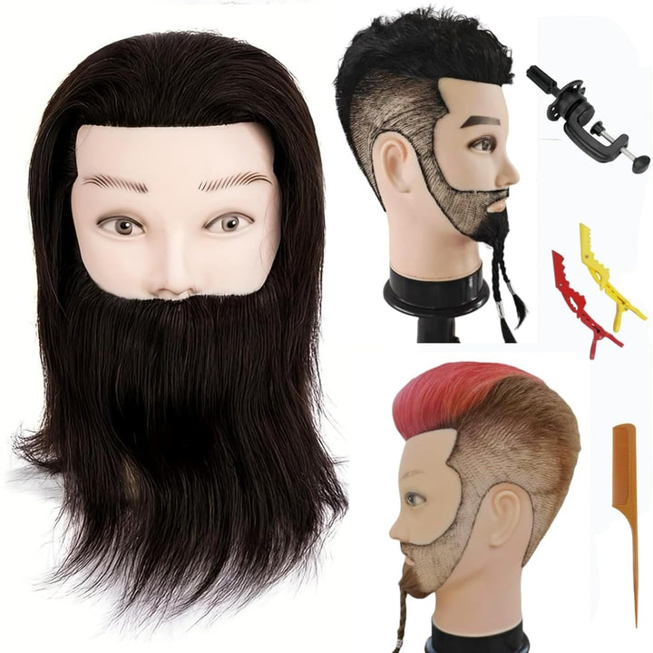 Mannequin Head Human Hair for Hair Styling, Barber Mannequin Head Male with 100% Human Hair and Beard Cosmetology Training Manikin Head with Stand