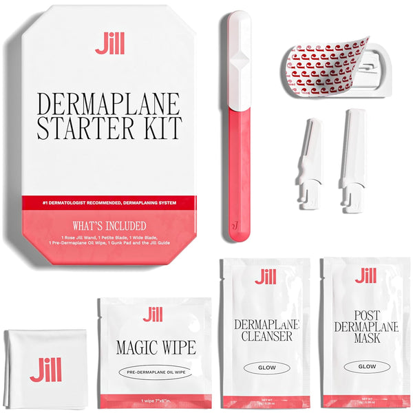 Dermaplane Starter Kit for Women in Rose – Facial Razor & Exfoliating Blade Set with Pre-Shave Magic Wipe, Gentle Skin Cleanser, Glow Moisturizer & 2 Disposable Dermaplane Blades