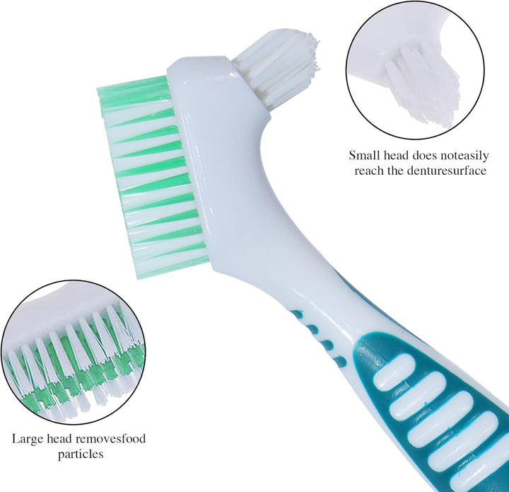 2Pcs Denture Brush False Teeth Toothbrush with 1 White Carrying Case, Effective Denture Cleaning Brush with Multi-Layered Soft Bristles,Green and Purple