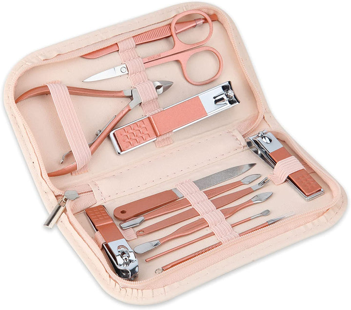 Nail Clippers and Beauty Tool Portable Set Manicure Set 12 in 1, with Pink Leather Bag, Suitable for Home, Workplace, Outdoor Travel, Gift Giving, Salon