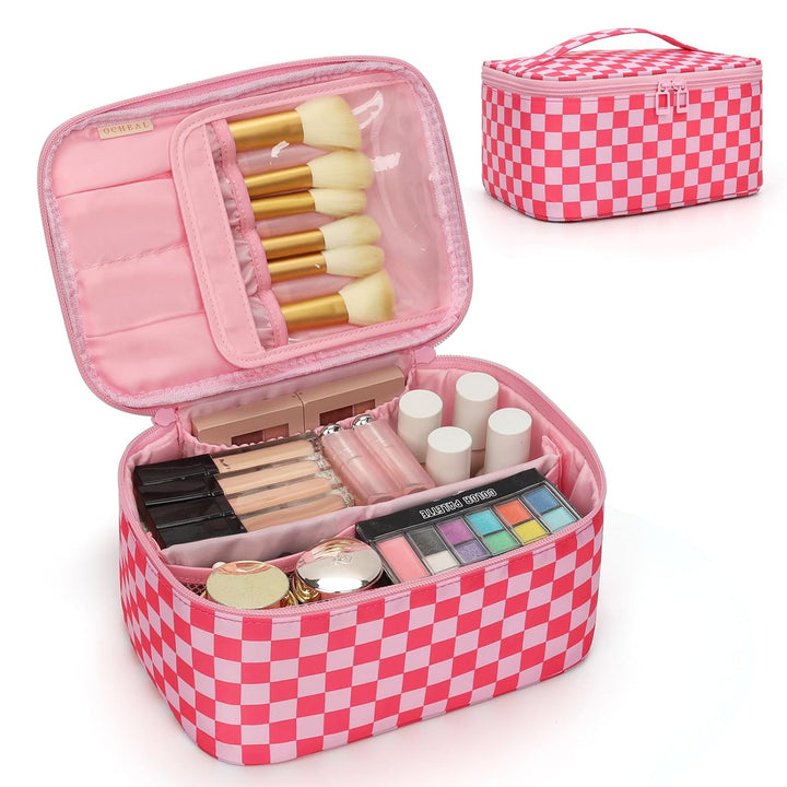 Makeup Bag, Portable Cosmetic Bag, Large Capacity Travel Makeup Case Organizer, Black for Women Toiletry Bag for Girls Traveling with Handle and Divider