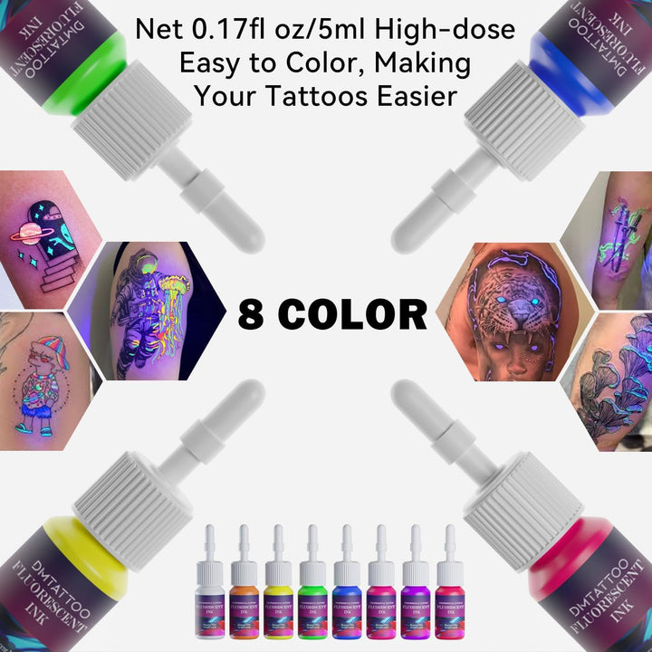 8Color Fluorescent Tattoo Ink Set, 8Pcs Tattoo Ink Color Set,Glow in the Blacklight, Skin-Safe Permanent Tattooing for 3D Makeup Beauty Skin Body Art, 0.17Fl Oz 5Ml/Bottle