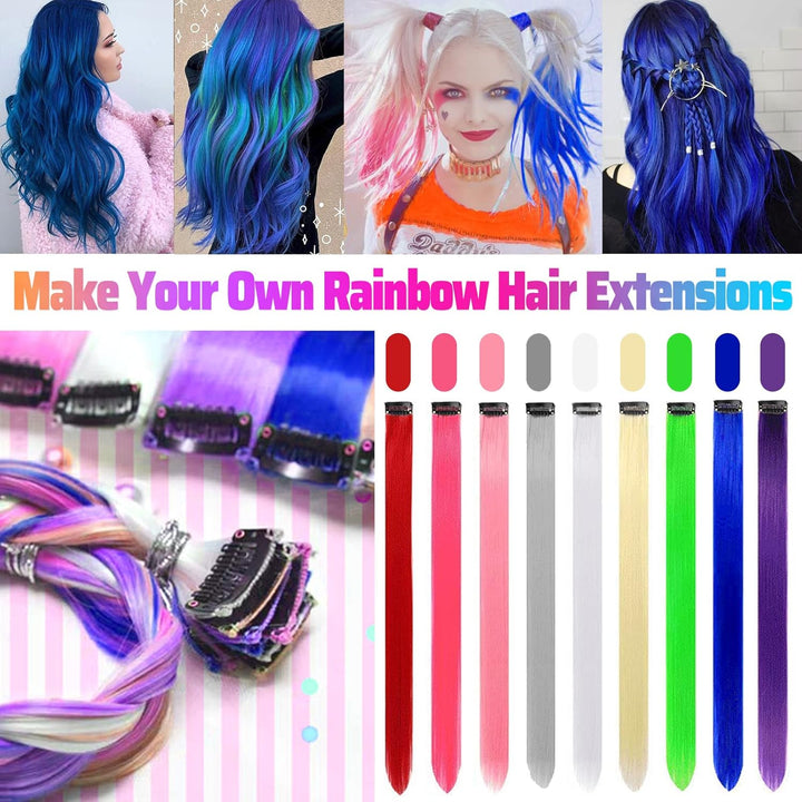 12 PCS Blue Hair Extensions Clip In, Colored Party Highlights Extension for Kids Girls Synthetic Hairpiece Straight 22 Inch