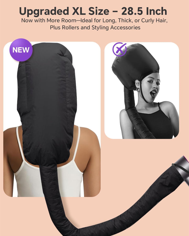 Hair Dryer Bonnet Attachment – 28.5" XL Hooded Dryer Cap for Faster Drying & Deep Conditioning, Extra-Large Space Fits Thick, Curly Hair & Styling Tools (Black, Extra Large)