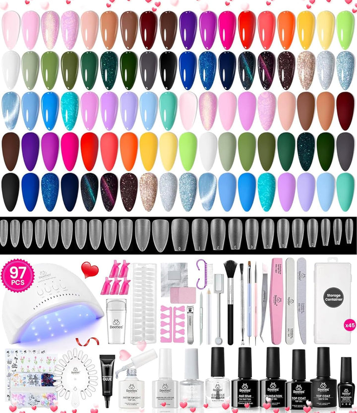 Beetles Gel Nail Polish Kit with U V Light -54 Pcs Gel Nail Kit Four Seasons Glow 32 Colors Set with Base Matte & Glossy Top Coat Soak off Home DIY Manicure Nails Beginners Gifts for Women Teen Girls