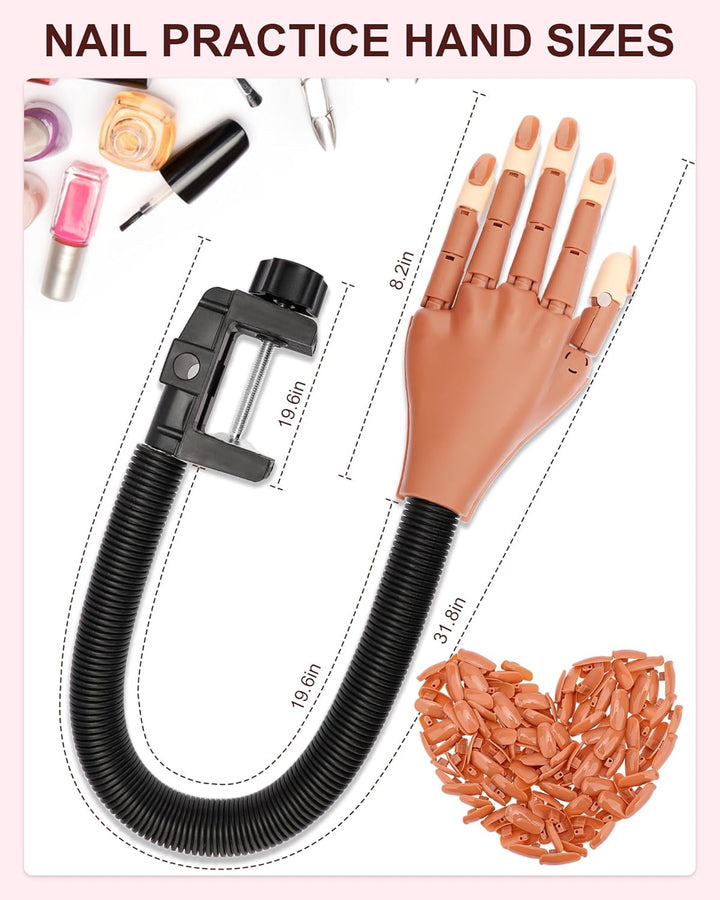 Practice Hand for Acrylic Nails, Flexible Nail Practice Hands Magnetic Fake Hands for Nails Practice, Movable Nail Mannequin Hand with 200PCS Nail Tips for Beginners,13.9 * 6.2 * 1.9
