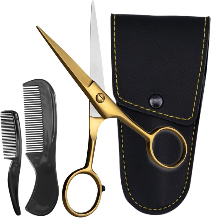 Mustache Scissors for Men - 5-Inch, Black - German High-Carbon Steel Bevel-Edge for Precision - Beard Trimming Scissors - Includes Grooming Kit with Mustache & Beard Combs & Carrying Pouch