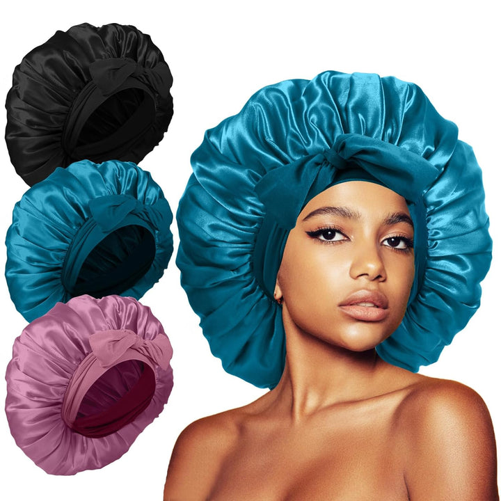 3Pcs Bonnets for Sleeping, Extra Satin Silk Bonnet for Sleeping Women with Tie Band for Curly Hair Jumbo Bonnet Braids