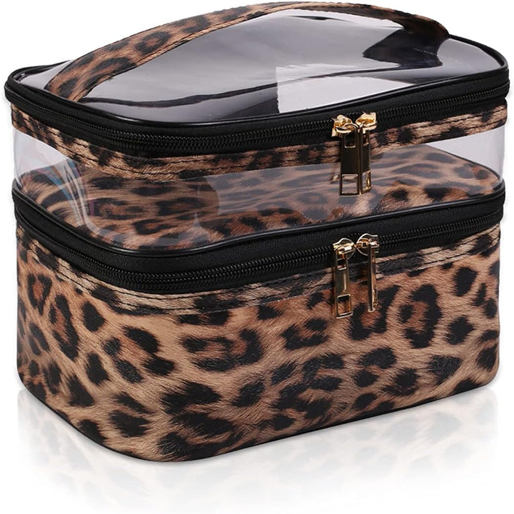 Double-Layer Cosmetic Bag Makeup Bag Travel Makeup Bag Makeup Bags for Women Cosmetics Cases Portable Waterproof Foldable (Leopard)