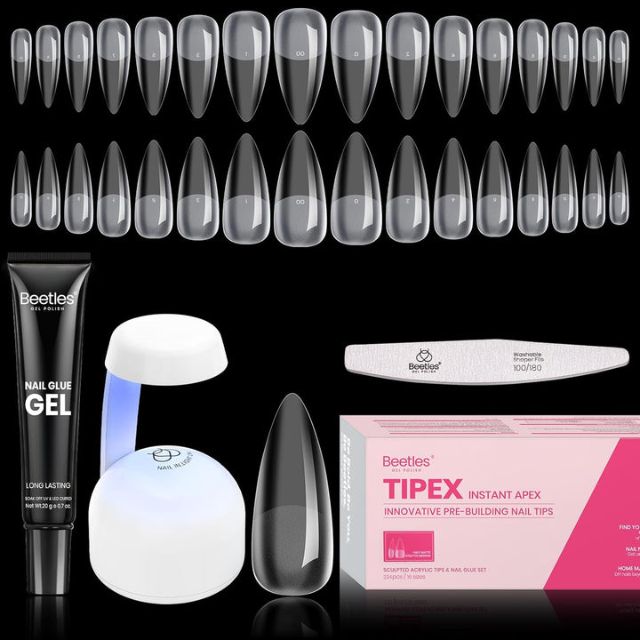 Beetles Tipex Nail Kit, Square Medium Nail Tips 224 Pcs 16 Sizes Pre-Etched Fake Nails with Tipex Nail Glue Mini Nail Lamp - Thick Acrylic Nail Set Pre-Builder Gel Press-On Nails