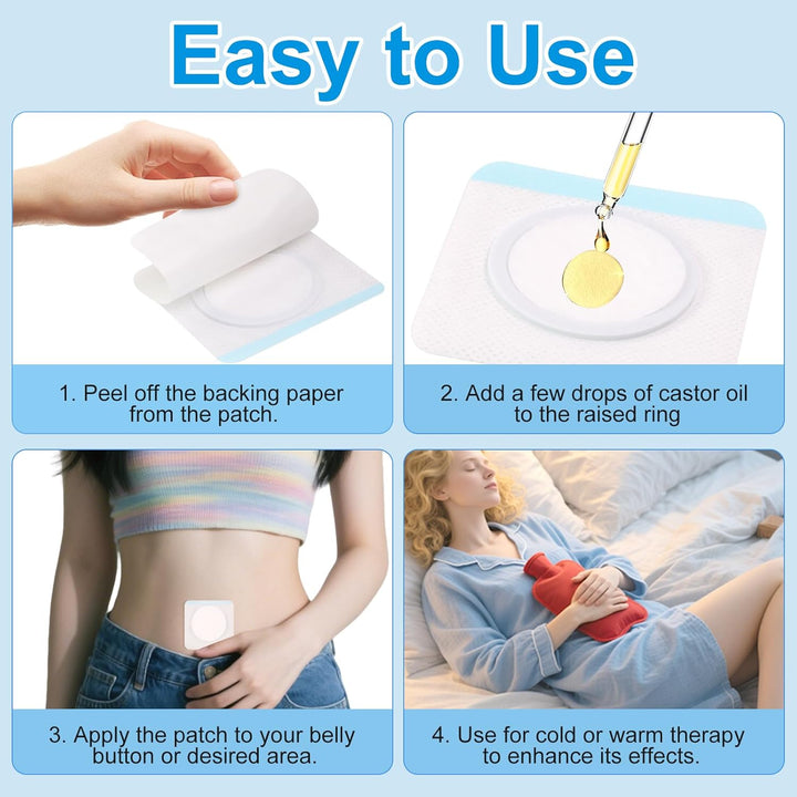 Castor Oil Pack Patches for Belly Button – 60 Disposable Organic Cotton Self-Adhesive Pads, Leak-Proof & Breathable, No-Wash Castor Oil Wraps for Navel, Abdomen & Targeted Skin Care