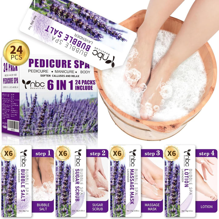 Pedicure Kit Foot Soak Set: Bubble Salt, Sugar Scrub, Massage Mask, Massage Lotion in a Box, 4 Step Foot Spa Kit for Dry Feet,Tired Feet（1 Set Lavender)