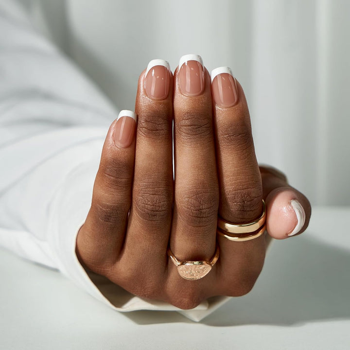 French Tip Press on Nails Almond - Black Press on Nails Short, Glue on Nails for Women Gift, Supremely Fit Natural Reusable Stick on Nails in 16 Sizes - 32 Fake Nails Kit, Black French