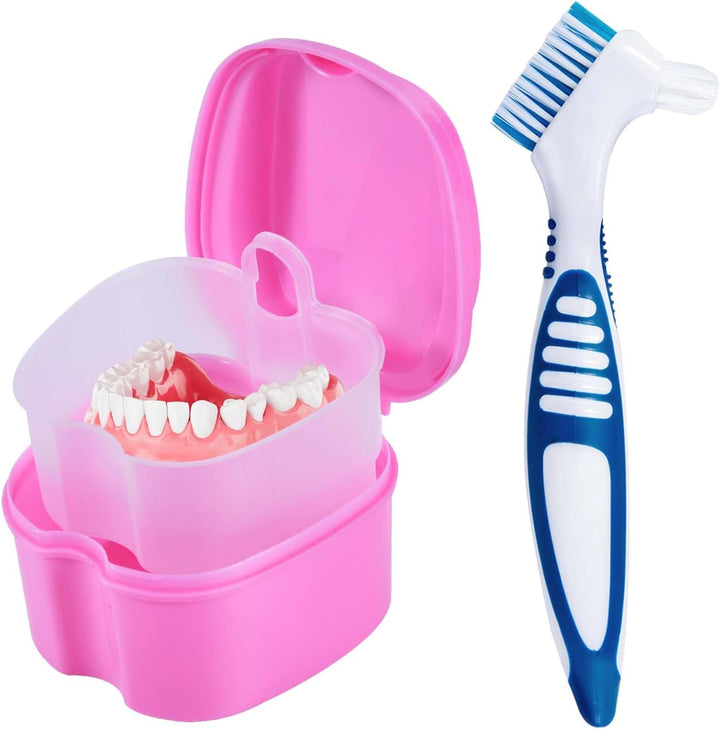 2 Pack Denture Bath Case Cup Box Holder Storage Container with Denture Cleaner Brush Strainer Basket for Travel Cleaning (Light Blue and Blue)