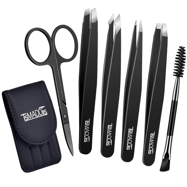 6 PCS Tweezers Set for Women, Eyebrow Tweezers with Curved Scissor for Ingrown Hair, Hair Plucking Daily Beauty Tools with Leather Travel Case