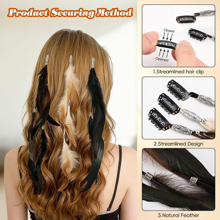 Feathers Hair Extensions for Women Boho Clip-In Hair Feather Accessories for Carnival Halloween Party Performances Photo Shoots, Brown Black Dark Coffee(3 Pcs)