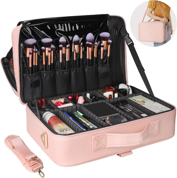 Travel Makeup Train Case Makeup Cosmetic Case Organizer Portable Artist Storage Bag with Adjustable Dividers for Cosmetics Makeup Brushes Toiletry Jewelry Digital Accessories Black