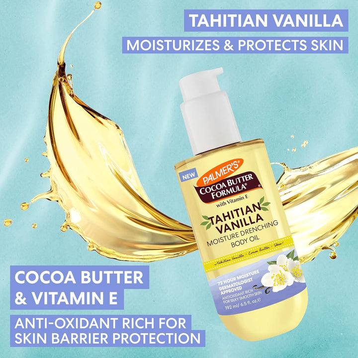 Cocoa Butter Formula Body Oil, Moisture Drenching Tahitian Vanilla, 6.5 Oz, 72Hr Hydration with Shea Butter & Vitamin E for Softer Skin, Protects & Soothes Dryness, Dermatologist Approved