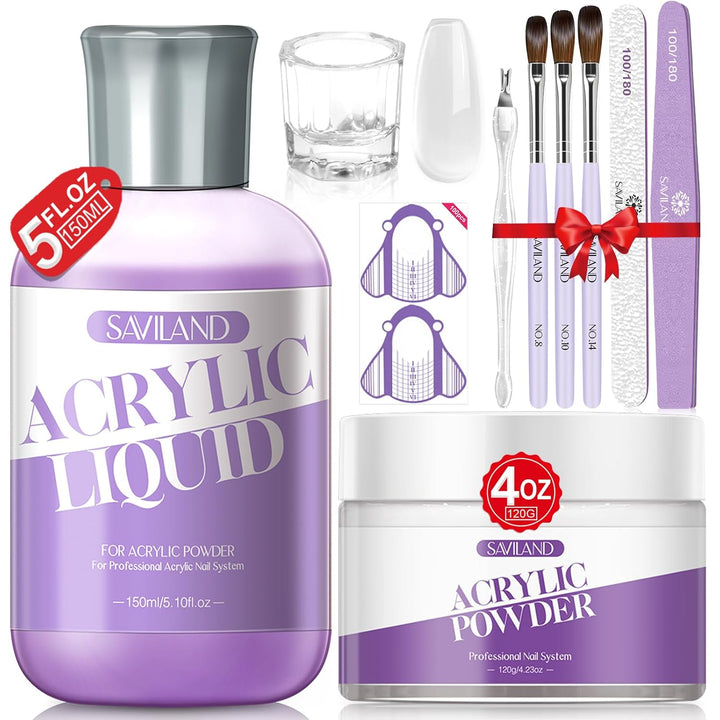 Acrylic Nail Starter Kit: Clear Pink Nude Acrylic Powder & Liquid, Brush, Files, Forms, Press on Nails, Home Practice Set