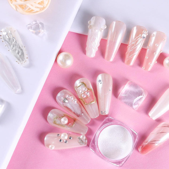 White Pearl Chrome Nail Powder, Iridescent Aurora Powder Metallic Mirror Effect Glitter Powder Pearlescent Ice Transparent Mermaid Pigment Pearl Glitter Dust Kit for Nail Art Decoration