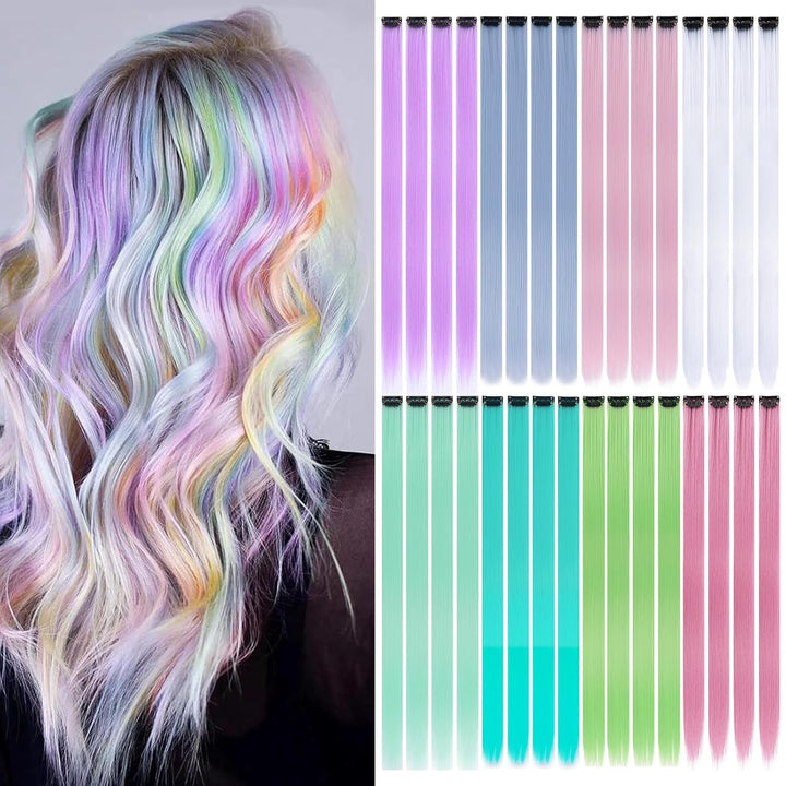 12PCS Colored Purple Hair Extensions Clip in Colorful Hair Extensions 22 Inch Rainbow Hair Extensions for Kids Women'S Gifts Blue Hair Extensions (22Inch,Purple)