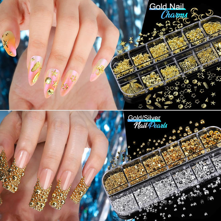 Nail Charms Nail Stickers for Nail Art Kit, 8 Boxes Nail Rhinestones Nail Gems Pearls for Nails with 20 Sheets Nail Art Stickers, 3D Gold Nail Charms and Gems Nail Supplies Nail Art Tools