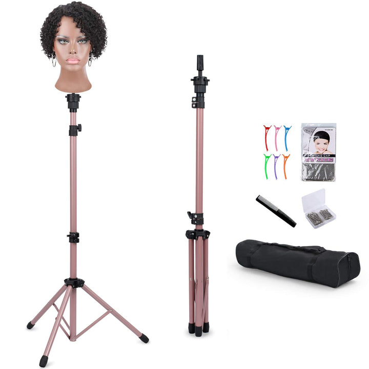 Reinforced Wig Stand Tripod Mannequin Head Stand, Adjustable Holder for Cosmetology Hairdressing Training with T-With Caps, T-Pins, Comb, Hair Clip, Carrying Bag