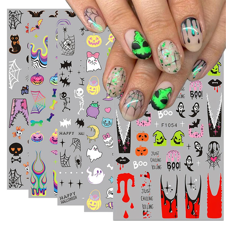 Halloween Nail Art Stickers Cute Ghost Pumpkin 3D Self-Adhesive Nail Decals Bat Cat Skull Designs Nail Decorations Halloween DIY Manicure Supplies for Women Girls&Kids 6Pcs
