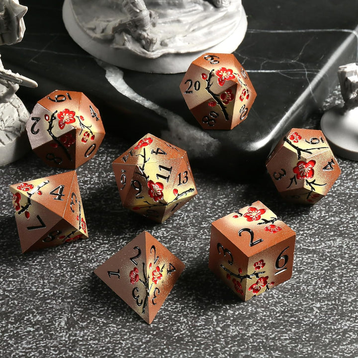 Metal Dice Set DND,  7 PCS Metallic Flowers D&D Dice with Gorgeous Gift Case for D&D Dungeons and Dragon Tabletop Game (Brown and Cream-Coloured)