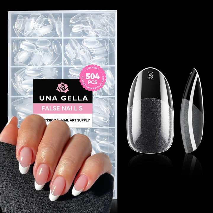 Almond Gel Nail Tips, 504PCS Pre Etched Clear Fake Nails Tips Medium Almond Shape - 12 Sizes Full Cover Soft Acrylic Press on Nail Extensions No C Curve Gift for Diy at Home