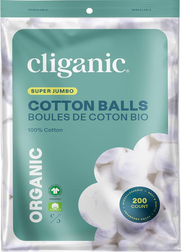 Organic Super Jumbo Cotton Balls (100 Count) - Hypoallergenic, Absorbent, Large Size, 100% Pure (Packaging May Vary)