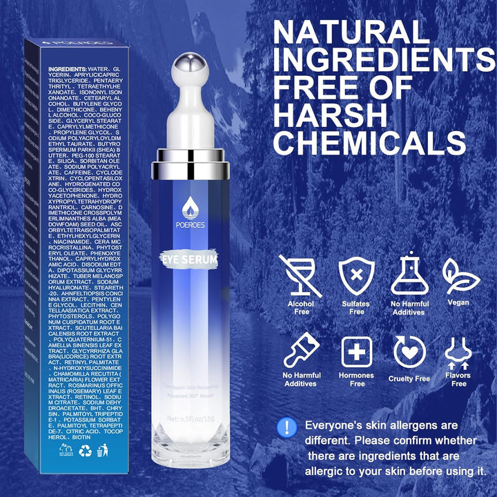 Eye Serum with 8% Caffeine 8% Retinol Hyaluronic Acid Niacinamide Peptides for Puffy Bags Fine Lines Dark Circles Wrinkles, under Eye Cream with 360° Roller Massage Ball, 0.5 Fl. Oz