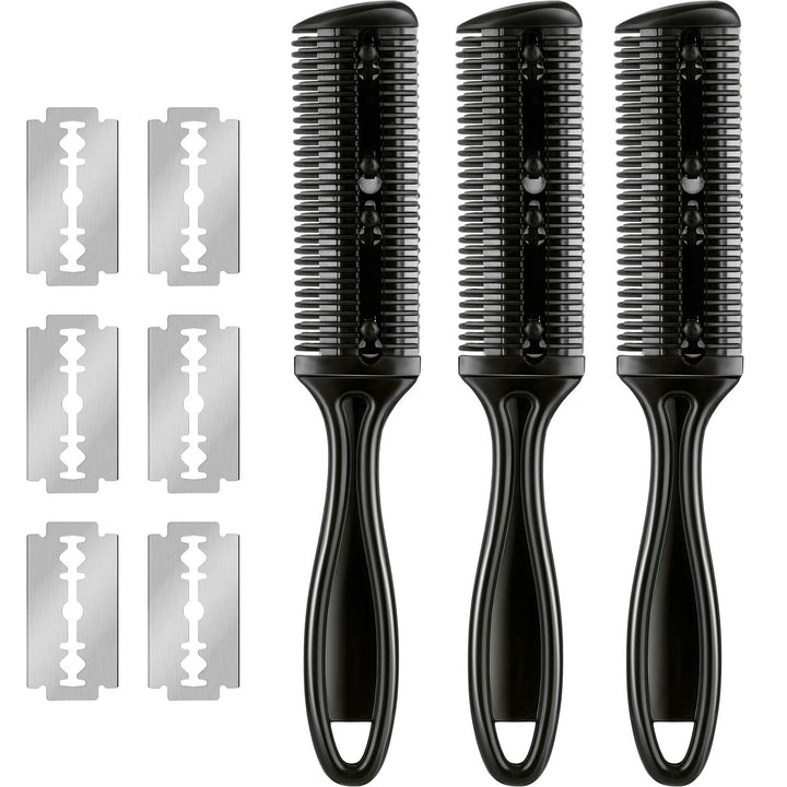 3 Pieces Hair Cutting Comb Set with 10 Razors, Double Edge Razor, Thinning Comb for Slim Haircuts (Green, Purple, Pink)